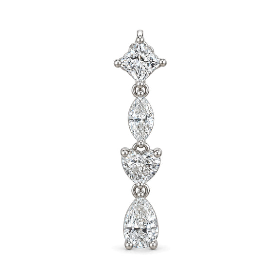 A vertical drop earring featuring a princess cut diamond at the top, followed by marquise, heart, and pear-cut diamonds in a white gold setting, shown on a plain white background.