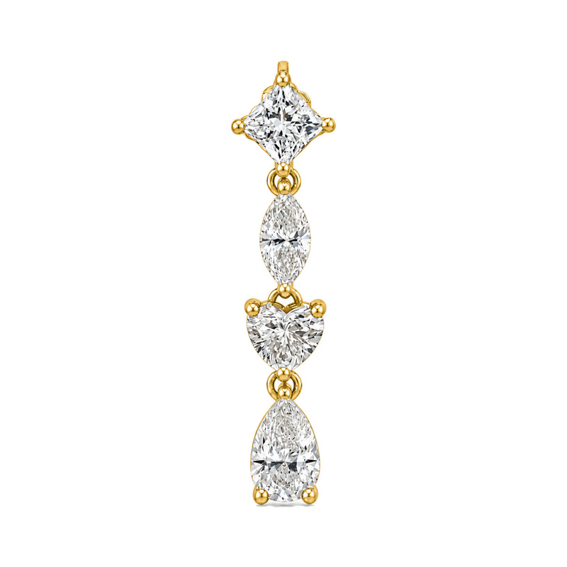 A vertical drop earring featuring a princess cut diamond at the top, followed by marquise, heart, and pear-cut diamonds in a yellow gold setting, shown on a plain white background.