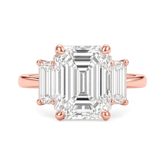 Ella Ring Lab Diamond rose gold emerald-cut three-stone ring on a white background