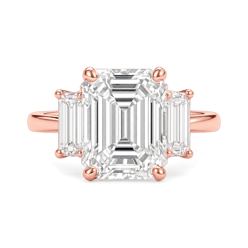 Ella Ring Lab Diamond rose gold emerald-cut three-stone ring on a white background