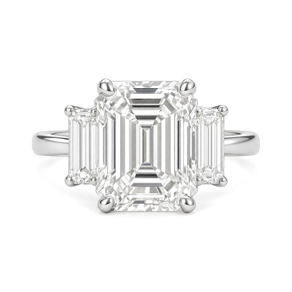Ella Ring Lab Diamond white gold emerald-cut three-stone ring on a white background