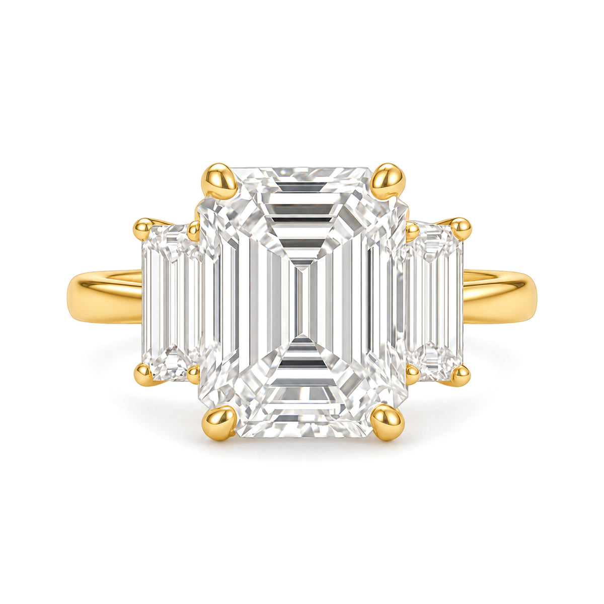 Ella Ring yellow gold emerald-cut three-stone diamond ring on a white background